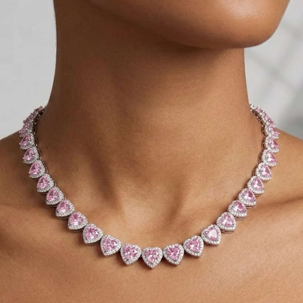 Pink and silver Heart Necklace 16inch